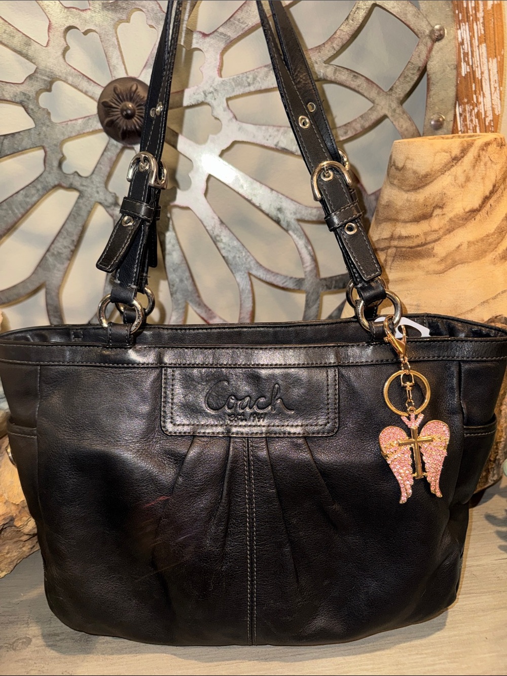 Coach Black Leather Shoulder Bag with Pink Wing Charm